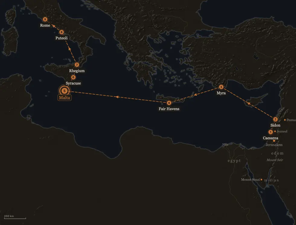The Atlas: Paul's voyage to Rome across the Mediterranean with numbered stops
