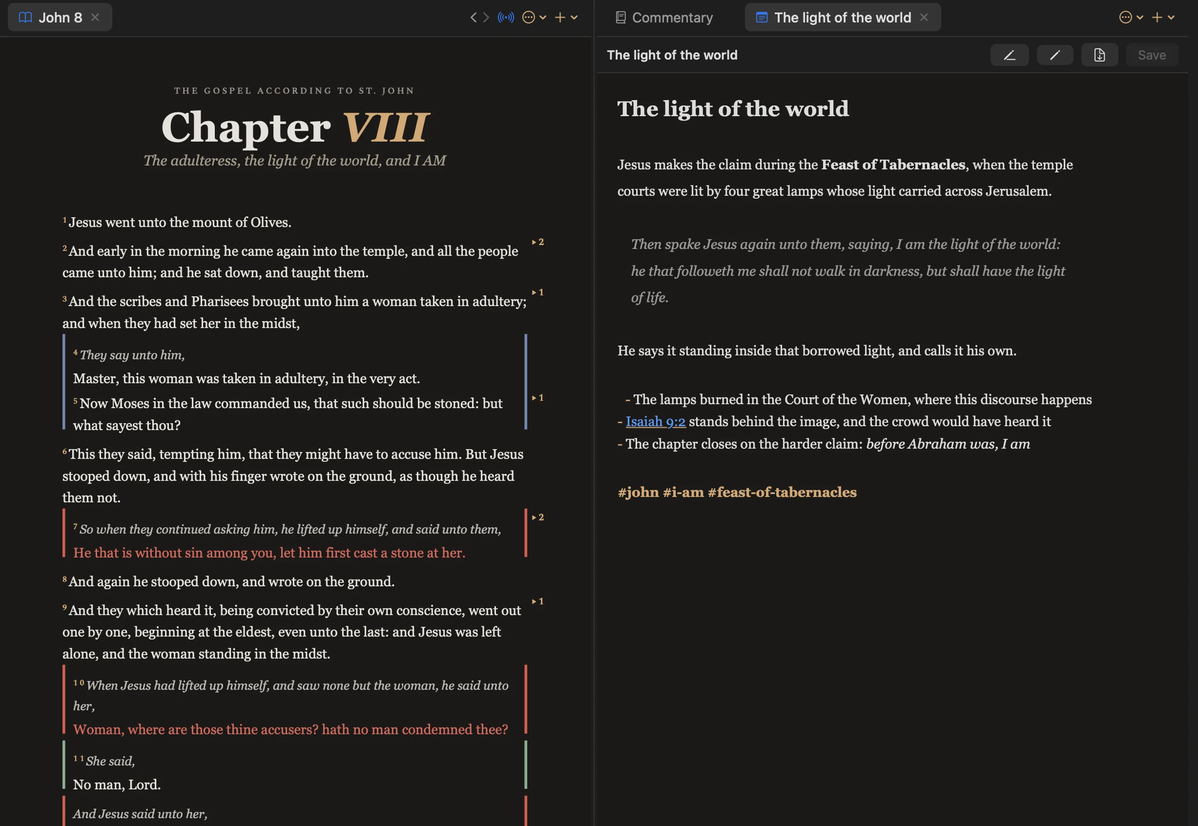 A note in reading mode: concealed Markdown, a blockquote, tags, and an auto-linked verse reference