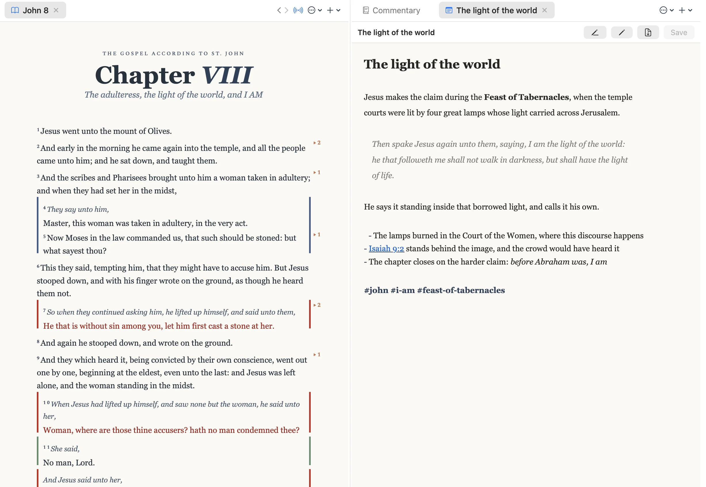 A note in reading mode: concealed Markdown, a blockquote, tags, and an auto-linked verse reference