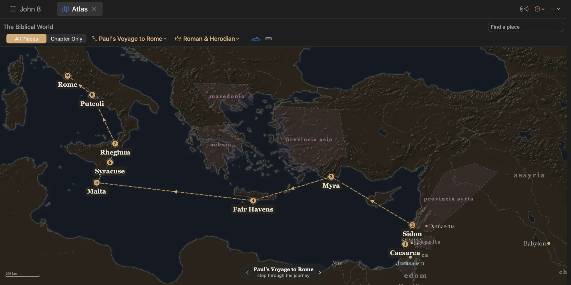 The atlas drawing Paul's voyage to Rome stop by stop