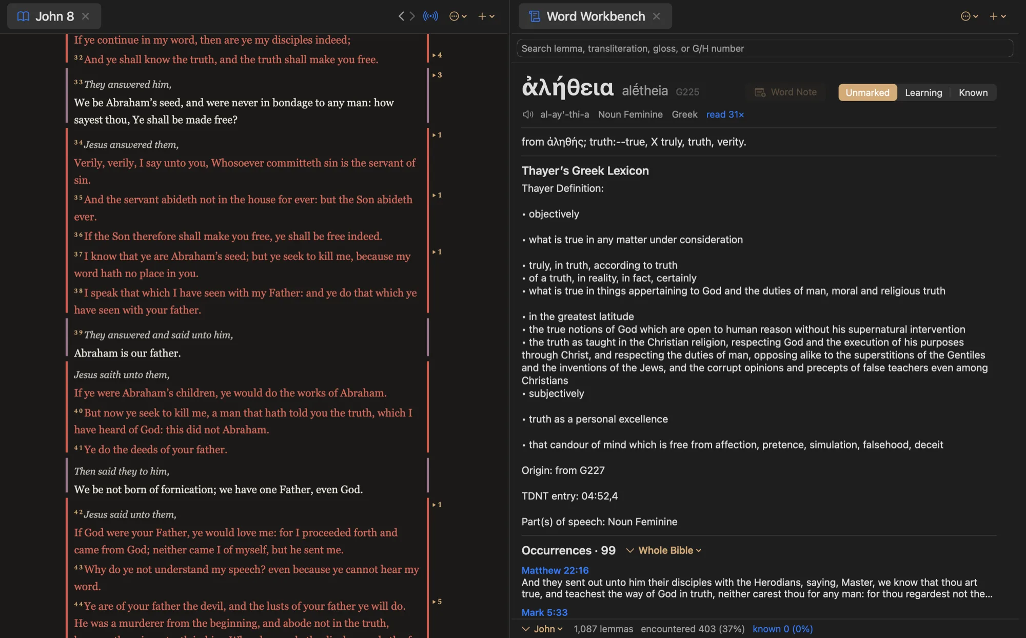 The reader beside the Word Workbench, with the Greek behind a word and the full lexicon article