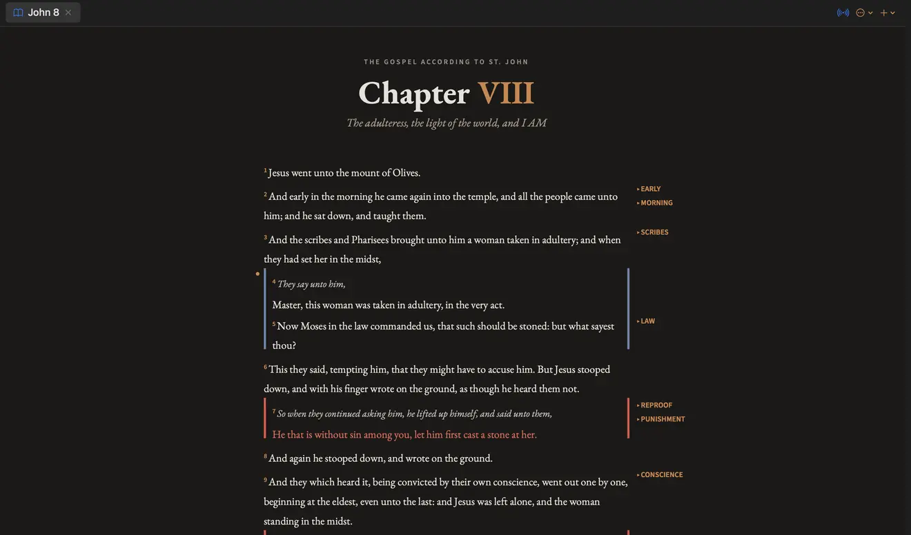 John 8 in Wellspring Study: speaker rails, red letter, and topic tags in the margin