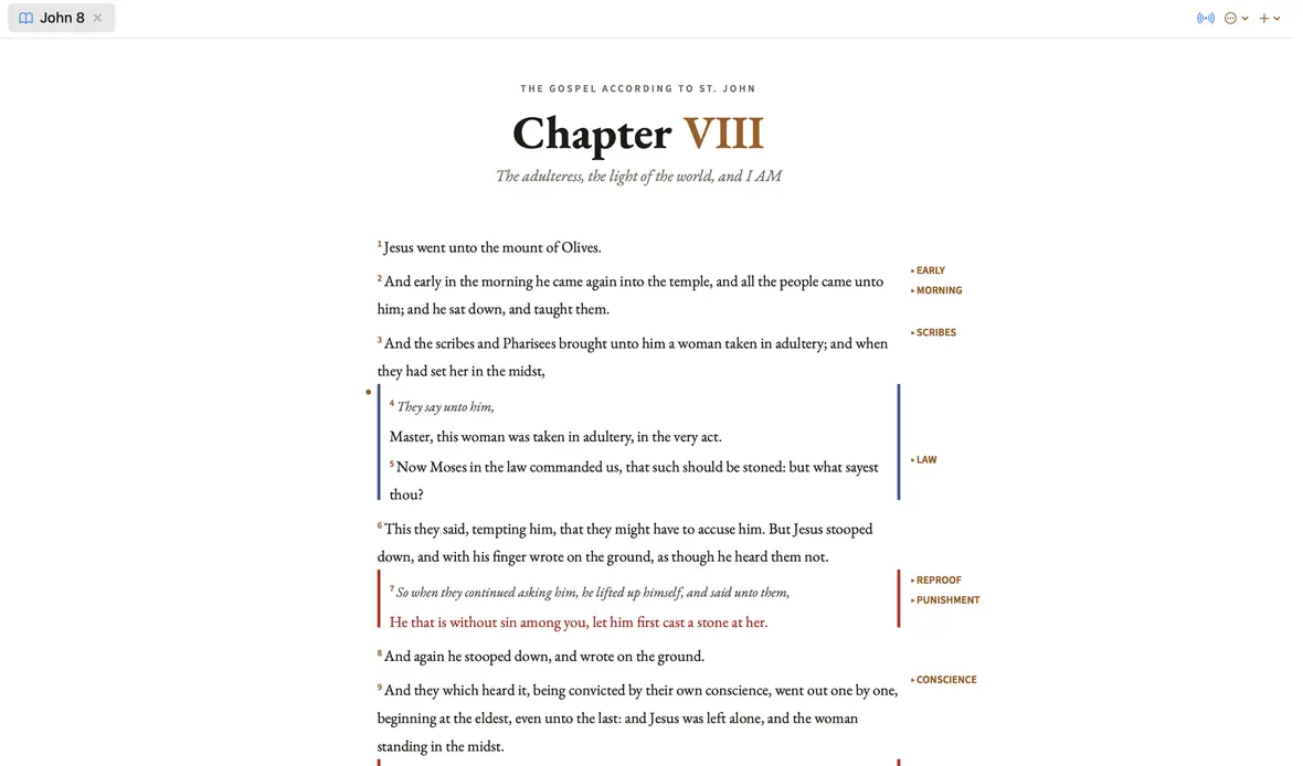 The same chapter in light mode, with speaker rails and topical chains in the margin