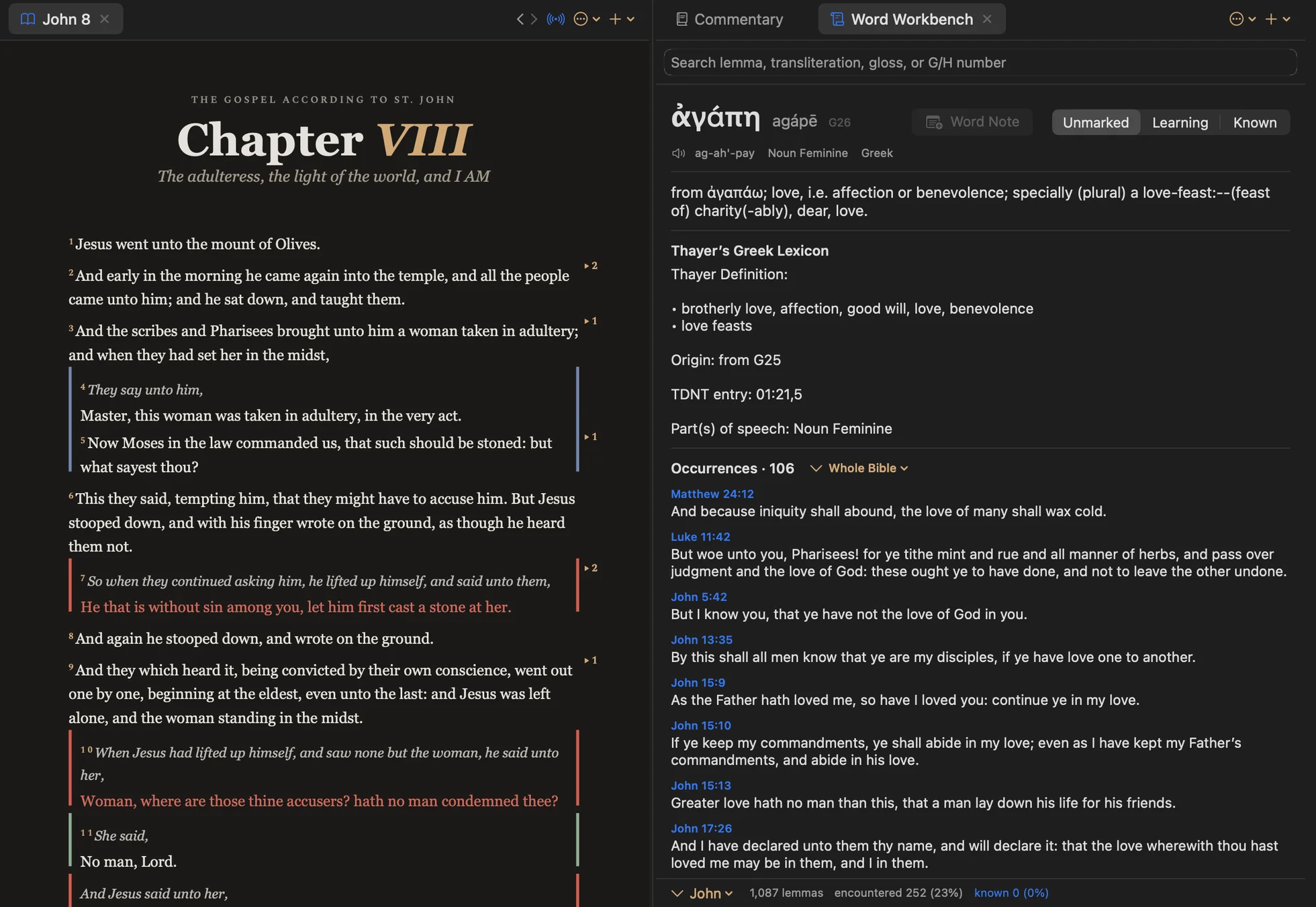 The Word Workbench showing agape with Thayer's Greek Lexicon and every occurrence