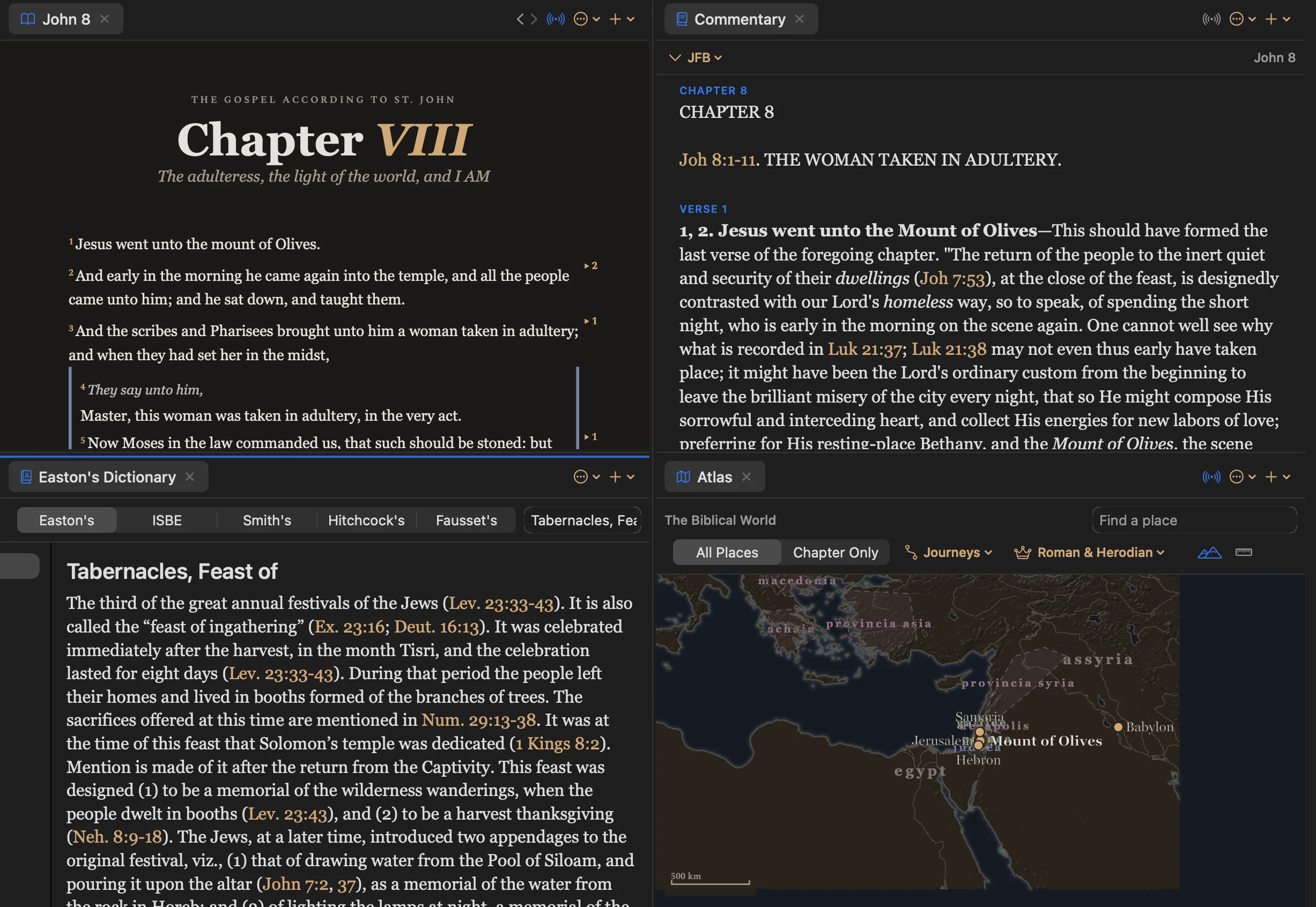 Four panes at once: John 8, Jamieson-Fausset-Brown on the same chapter, Easton's on the Feast of Tabernacles, and the Atlas showing the mount of Olives