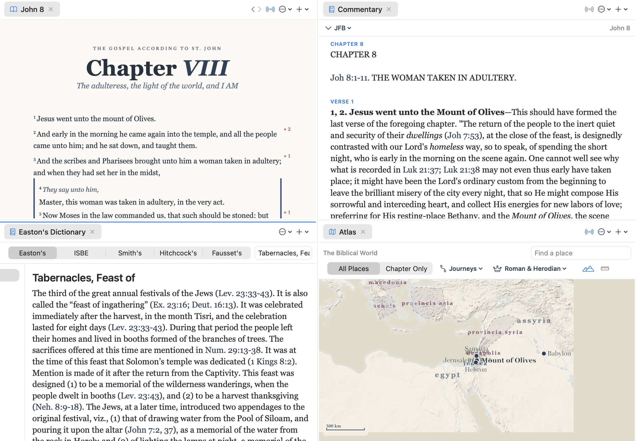 Four panes at once: John 8, Jamieson-Fausset-Brown on the same chapter, Easton's on the Feast of Tabernacles, and the Atlas showing the mount of Olives