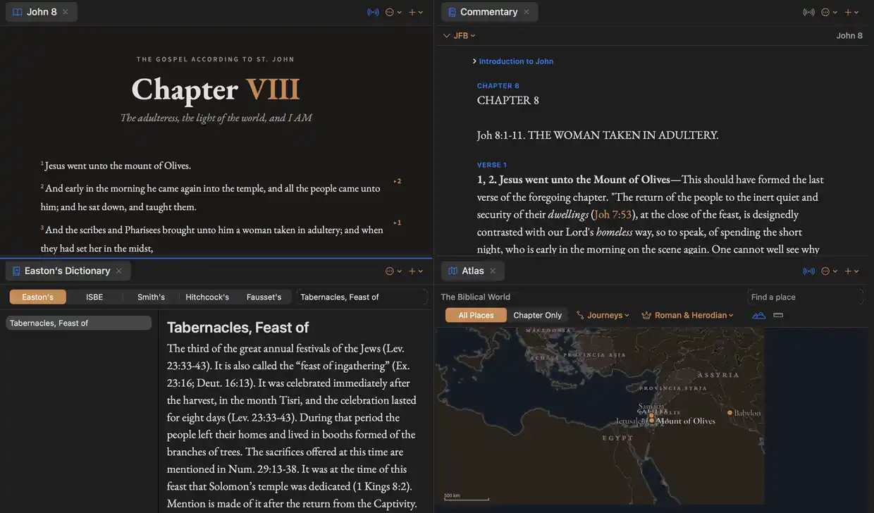 Four panes at once: John 8, Jamieson-Fausset-Brown on the same chapter, Easton's on the Feast of Tabernacles, and the Atlas showing the mount of Olives